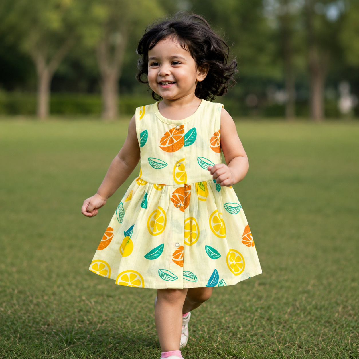 Muslin Snap Button Frock - Orange Fruit and Leaf