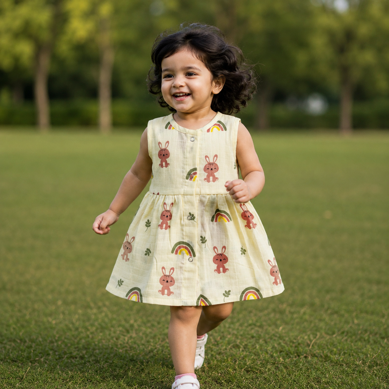 Muslin Snap Button Frock - Yellow Bunny and Rainbow