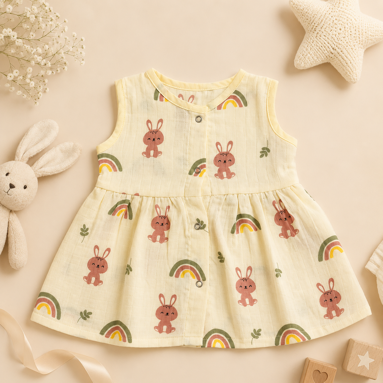 Muslin Snap Button Frock - Yellow Bunny and Rainbow