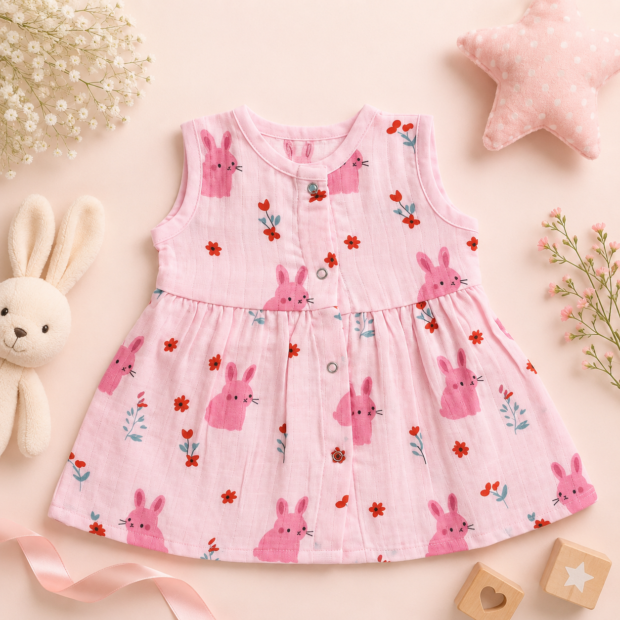 Muslin Snap Button Frock - Pink Rabbit