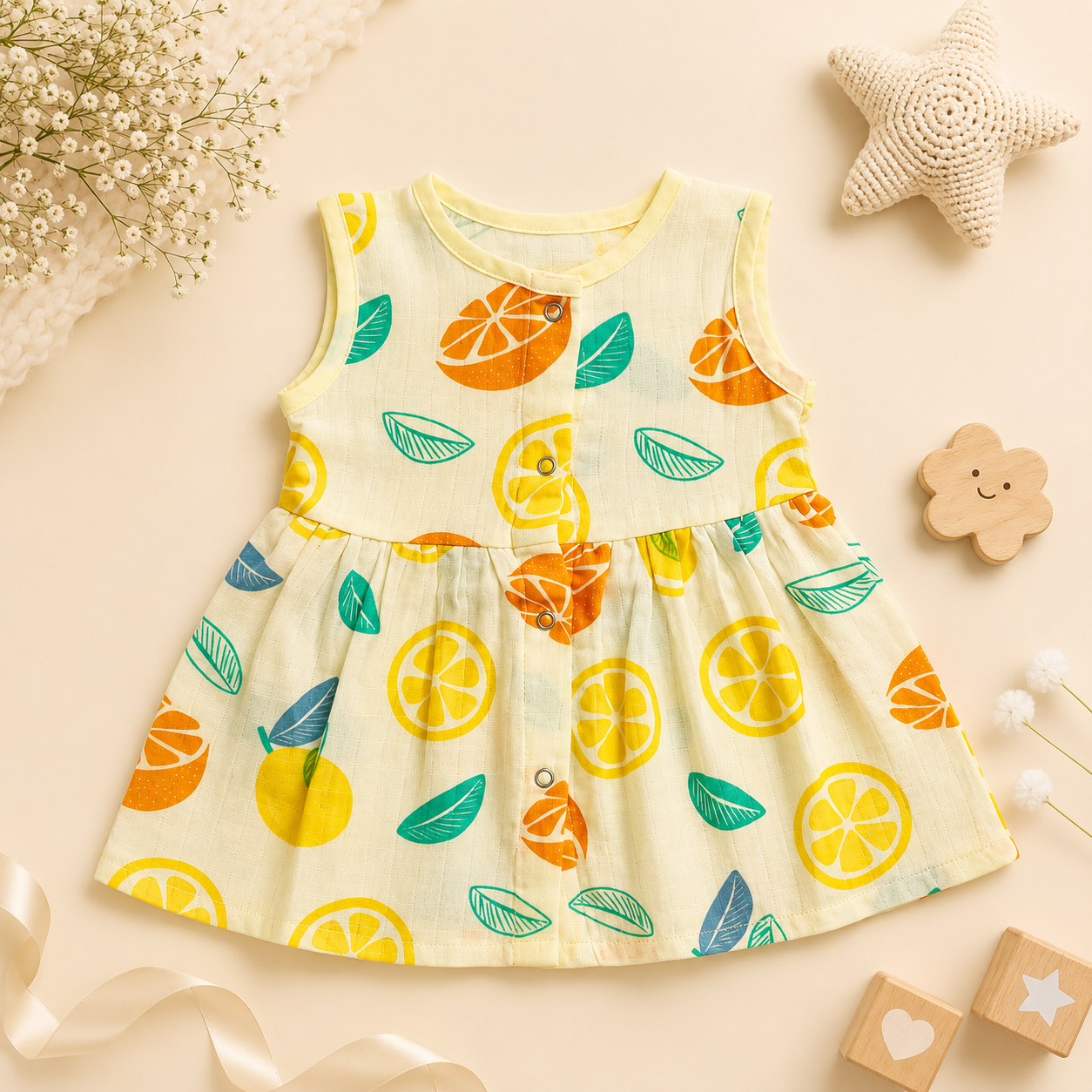 Muslin Snap Button Frock - Orange Fruit and Leaf