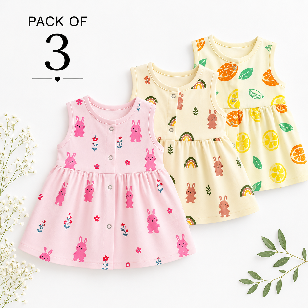 Muslin Snap Button Frock - Combo Pack of 3