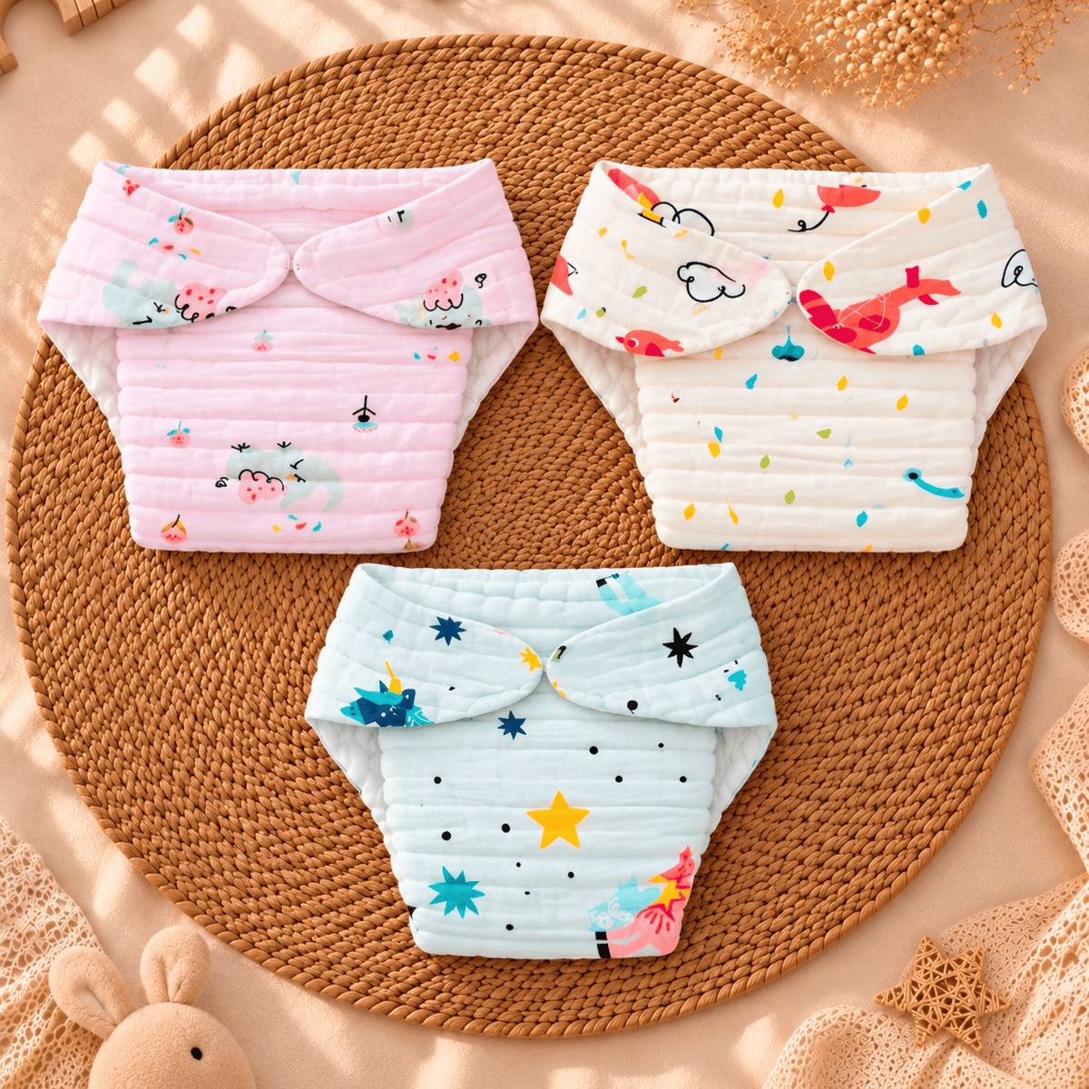 Pack of 3 - colourful Velcro Muslin Nappies(Assorted)