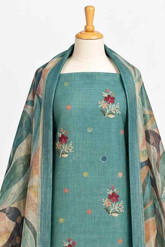 Teal Floral Embroidered 3-Piece Kurthi Set