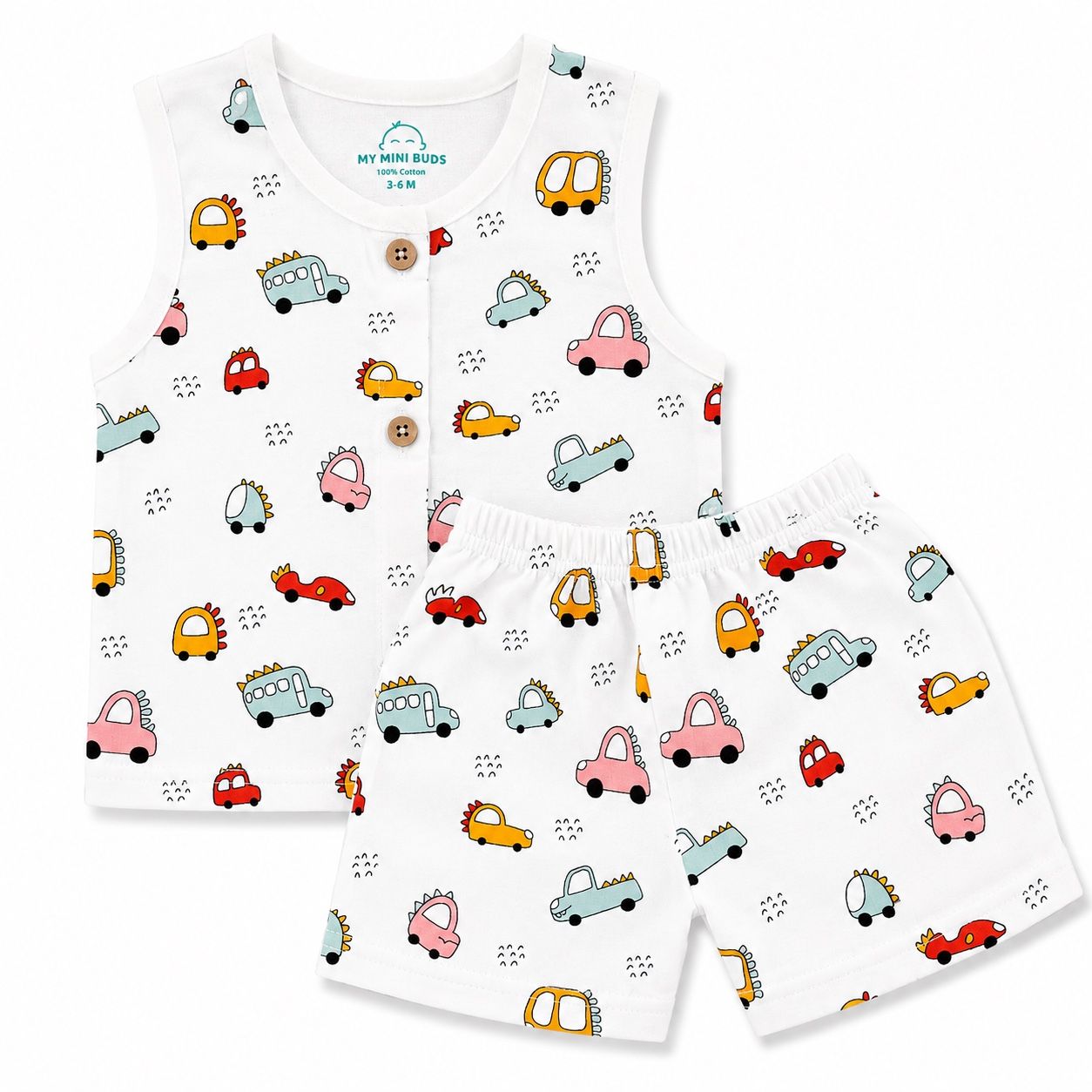 Muslin sleeveless jabla & shorts set- Car print