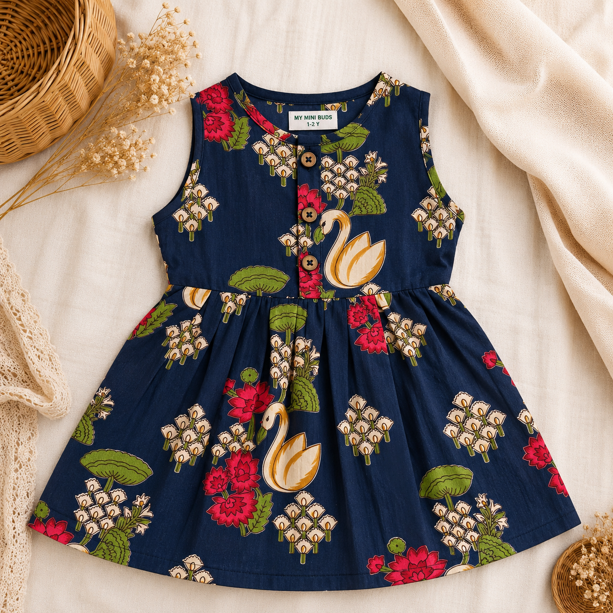 Cotton Frock- Swan & Floral