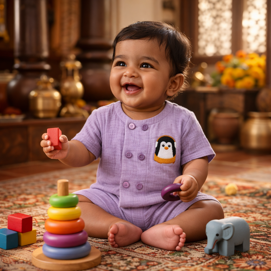 Muslin coords set-Crinkle- Lilac Penguins