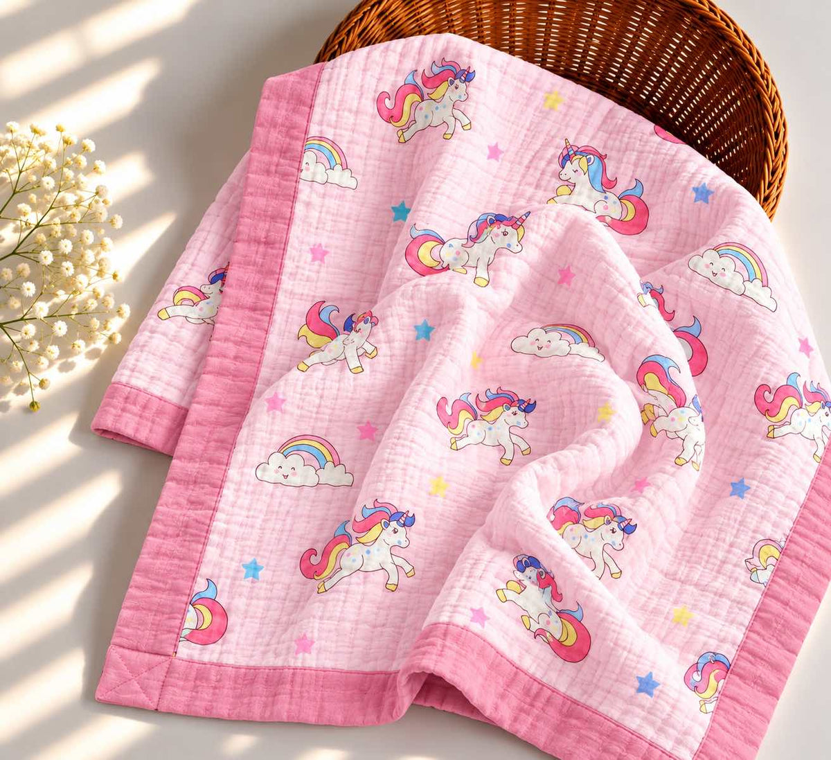 Unicorn print  - 6 Layer Crinkle Muslin Baby Blanket - 110*110cm