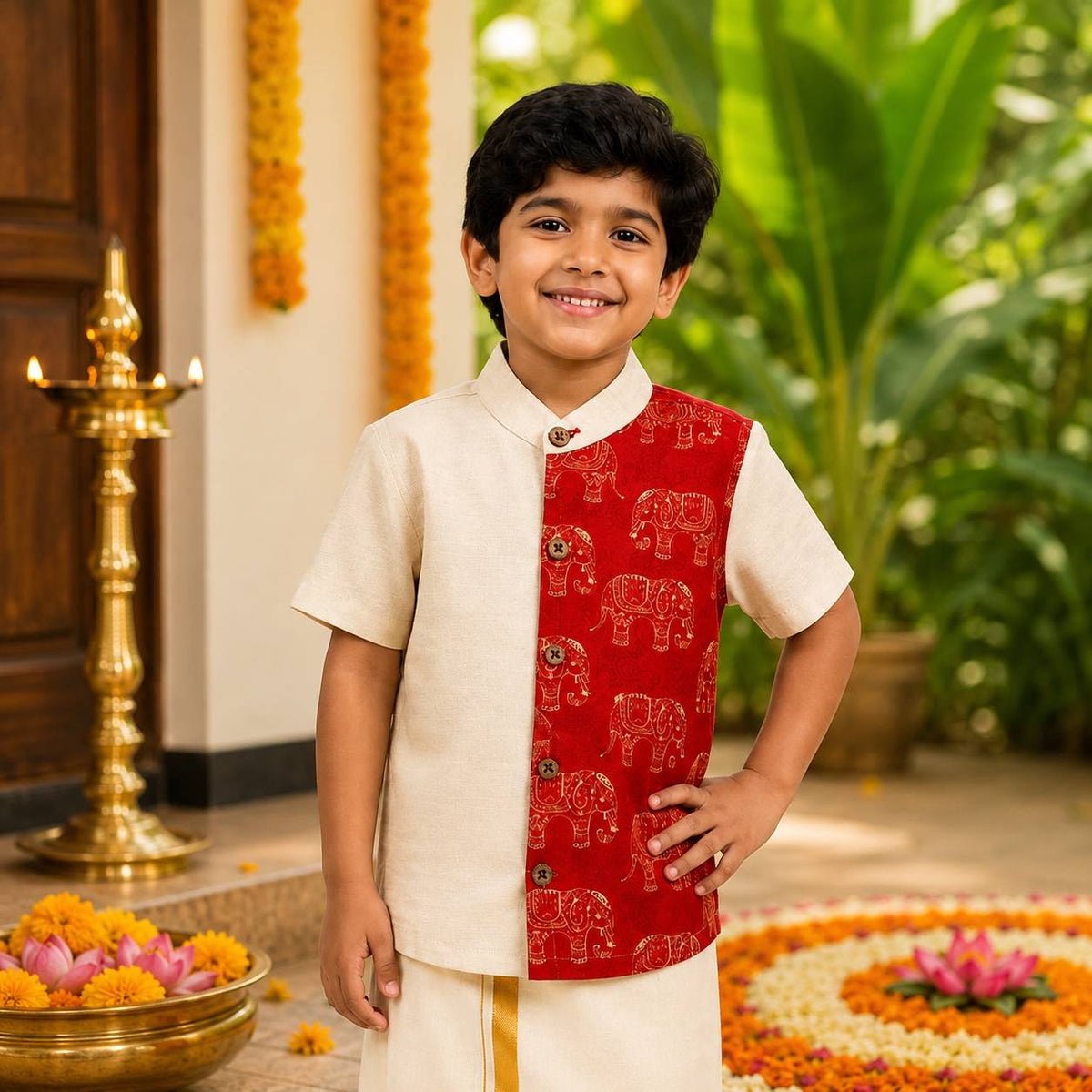 Ethnic Onam Shirt-  Golden Elephant