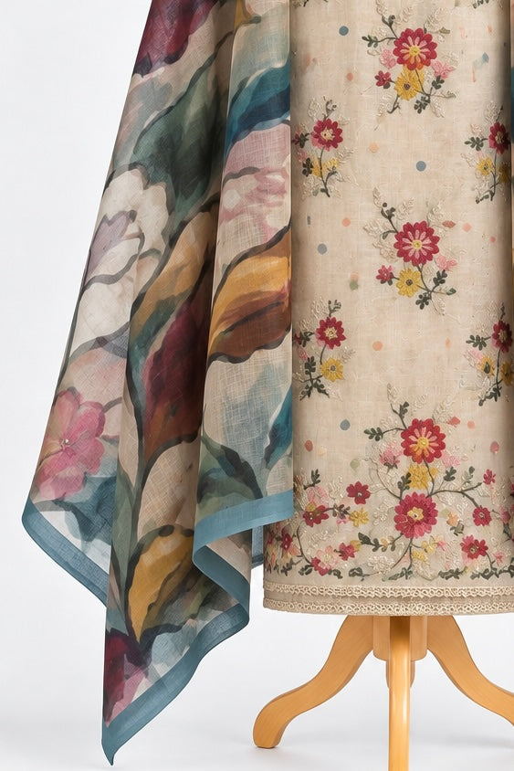 Elegant Floral Embroidered 3-Piece Cotton Kurthi Set