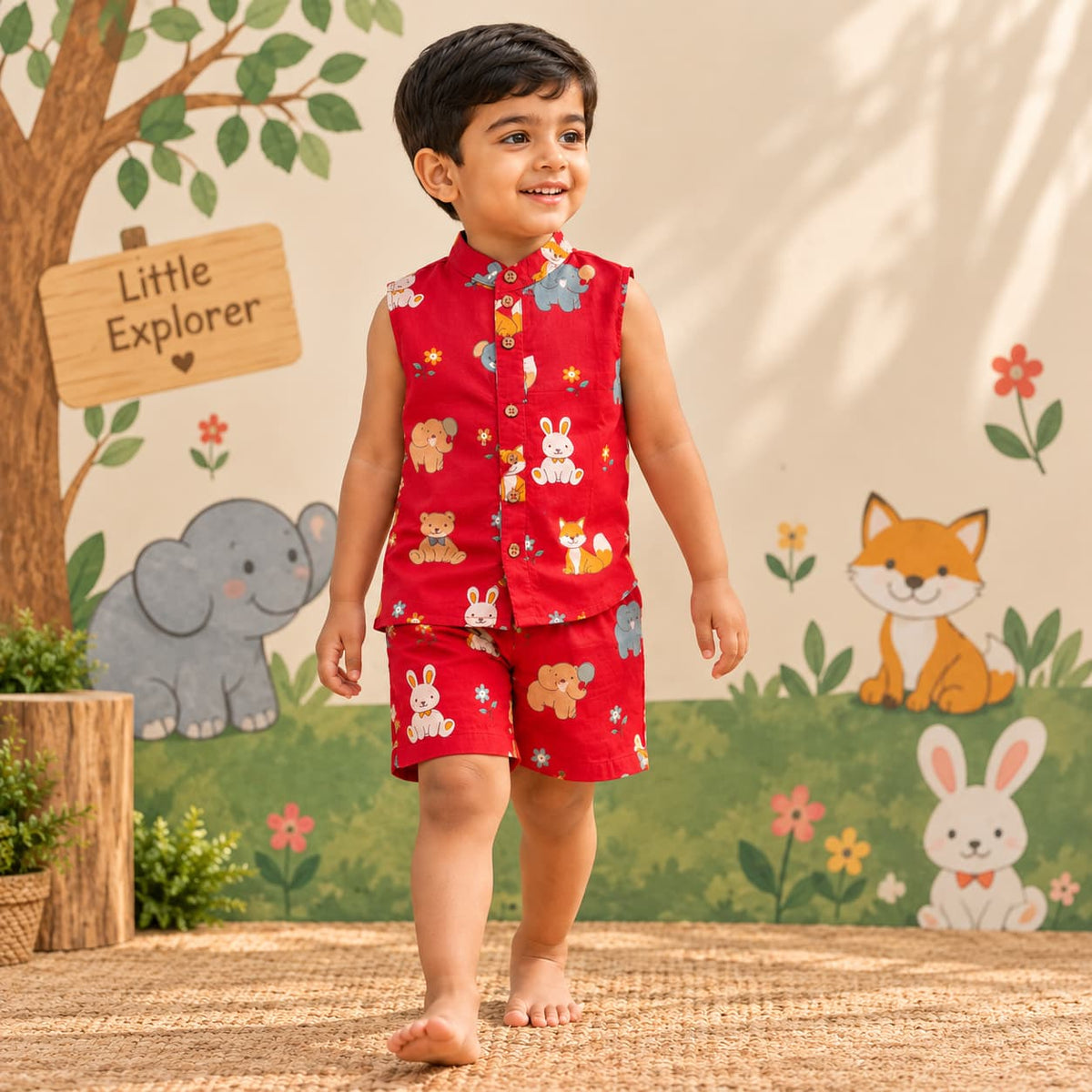 Red cotton kids co-ord set with sleeveless animal print shirt and matching shorts