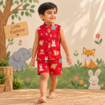 Red cotton kids co-ord set with sleeveless animal print shirt and matching shorts