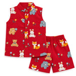 A two-piece children's outfit set consisting of a sleeveless button-front vest and matching shorts in bright red, both printed with colorful cartoon animals including bears, rabbits, foxes, elephants, and flowers.