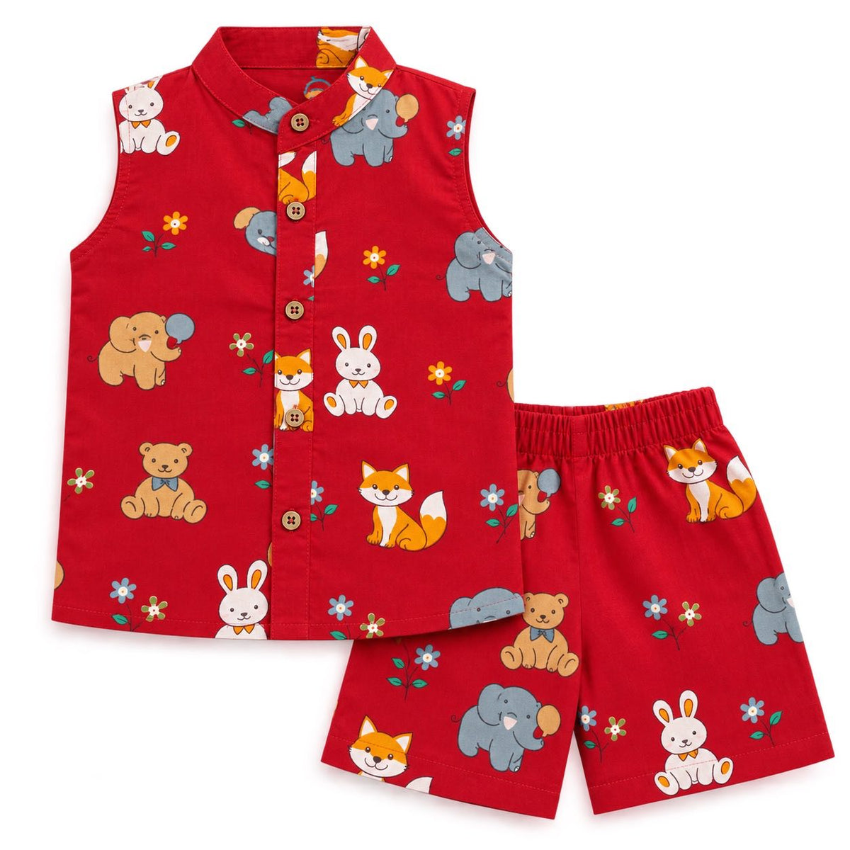 A two-piece children's outfit set consisting of a sleeveless button-front vest and matching shorts in bright red, both printed with colorful cartoon animals including bears, rabbits, foxes, elephants, and flowers.