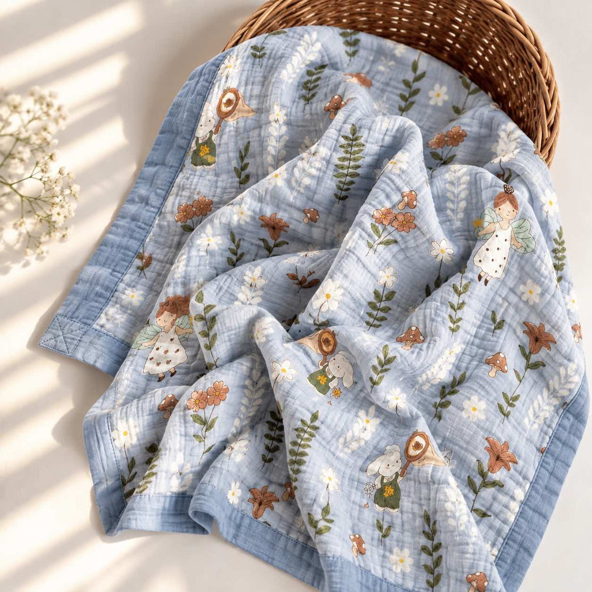 A light blue muslin baby blanket with embroidered woodland characters and small white flowers, draped over a woven basket on a sunlit cream surface with soft shadows and small white flowers nearby.