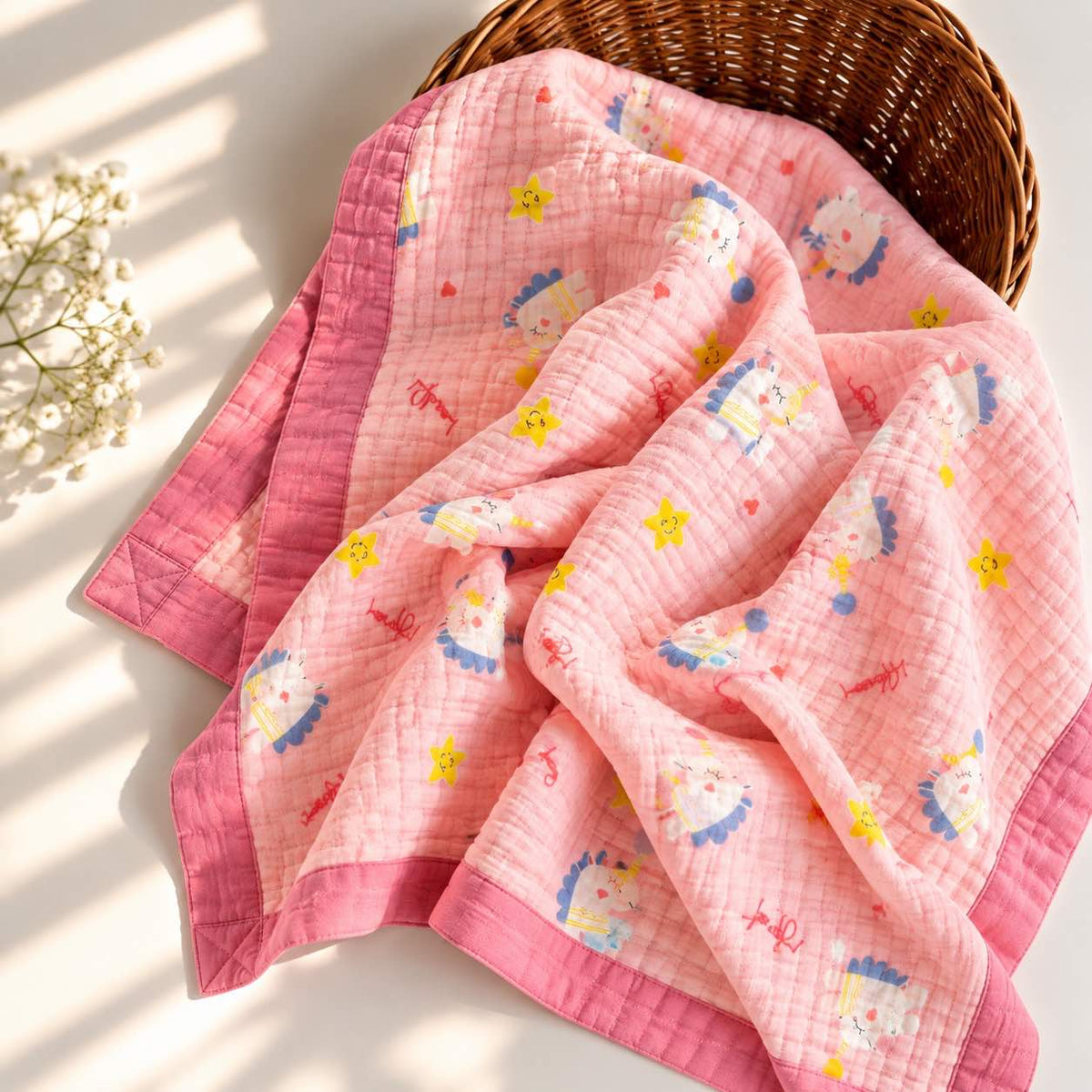 A pink muslin baby blanket with cartoon cat prints and yellow stars, draped over a brown wicker basket on a sunlit white surface with soft shadows.