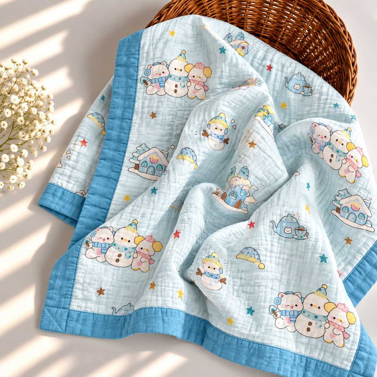 A light blue quilted baby blanket with a cute cartoon bear pattern and a solid blue border, draped over a brown wicker basket with dried flowers on a sunlit white surface.