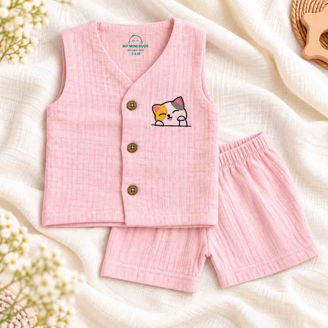Pink cat vest & short sets