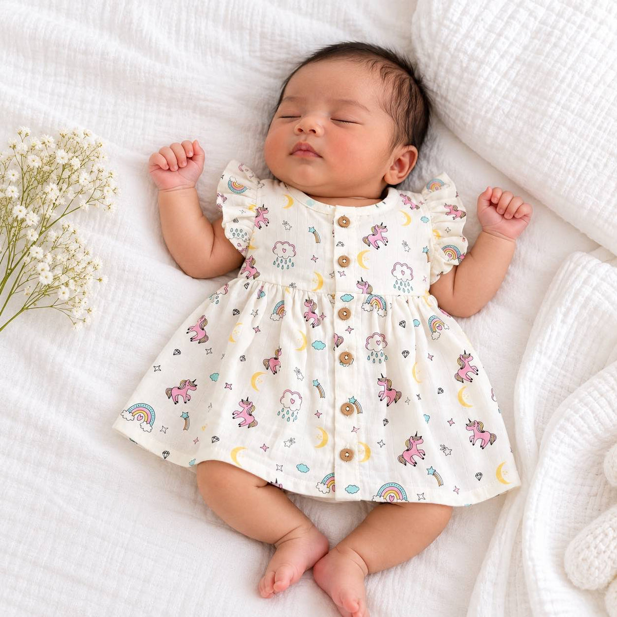 My Mini Buds white muslin frill frock for baby girls with colourful unicorn, rainbow, cloud and moon print, flutter sleeves and wooden buttons.Newborn baby girl wearing 