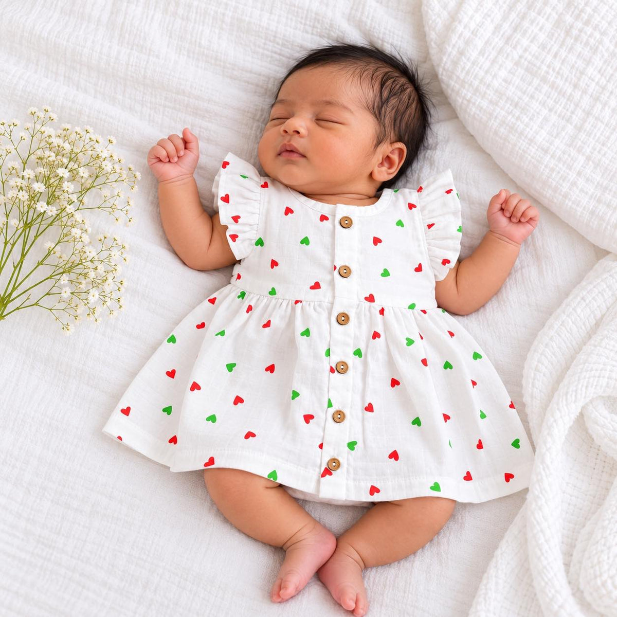 My Mini Buds white muslin baby girl frill frock with red and green heart print, layered ruffle sleeves and a button-down front.Newborn baby wear