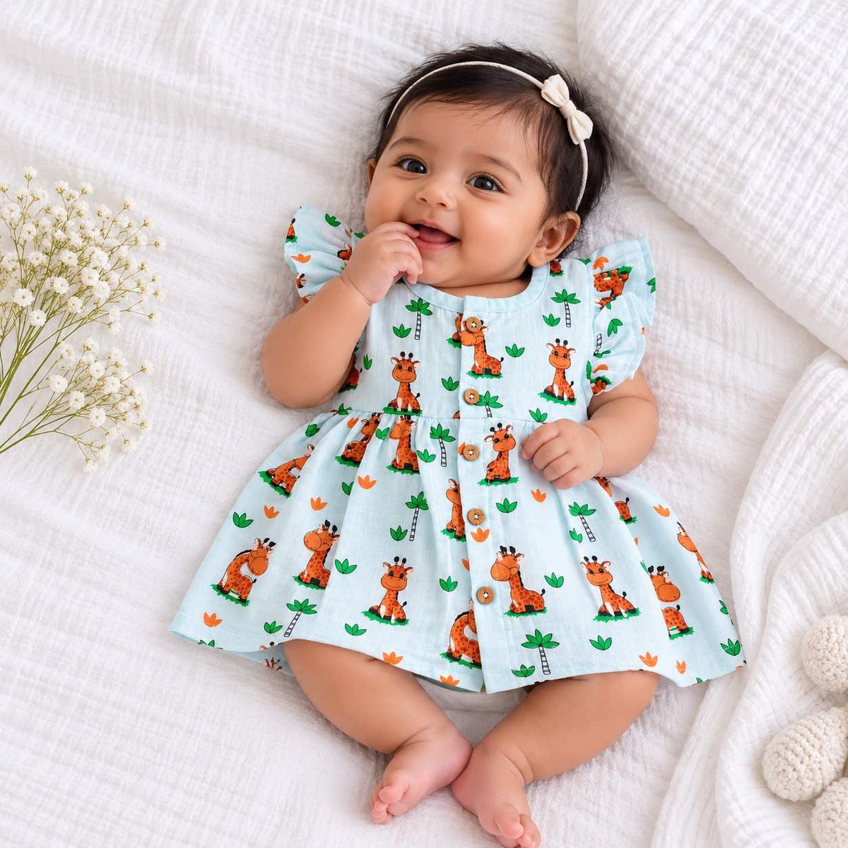 My Mini Buds light blue muslin baby girl dress with adorable giraffe and jungle print, ruffle sleeves and wooden button front. Cute baby girl cotton frock with a gathered skirt, perfect for newborn photoshoots, baby outings and comfortable everyday wear.