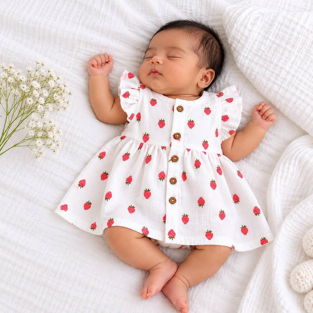 My Mini Buds strawberry print muslin frill frock worn by a newborn girl baby, featuring a white base, red strawberry pattern, flutter sleeves and wooden buttons.