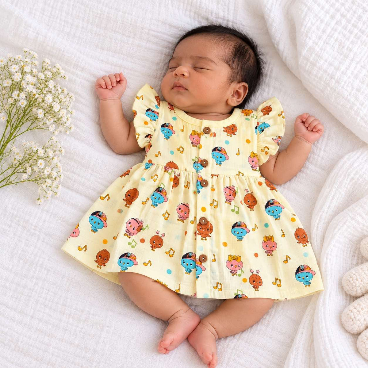 My Mini Buds yellow printed muslin frock for baby girls with cute cartoon characters, colourful music notes, soft frill sleeves and a button-front design. This adorable infant girl dress features a gathered skirt and lightweight cotton muslin fabric, making it a lovely choice for baby photoshoots and special little moments.
