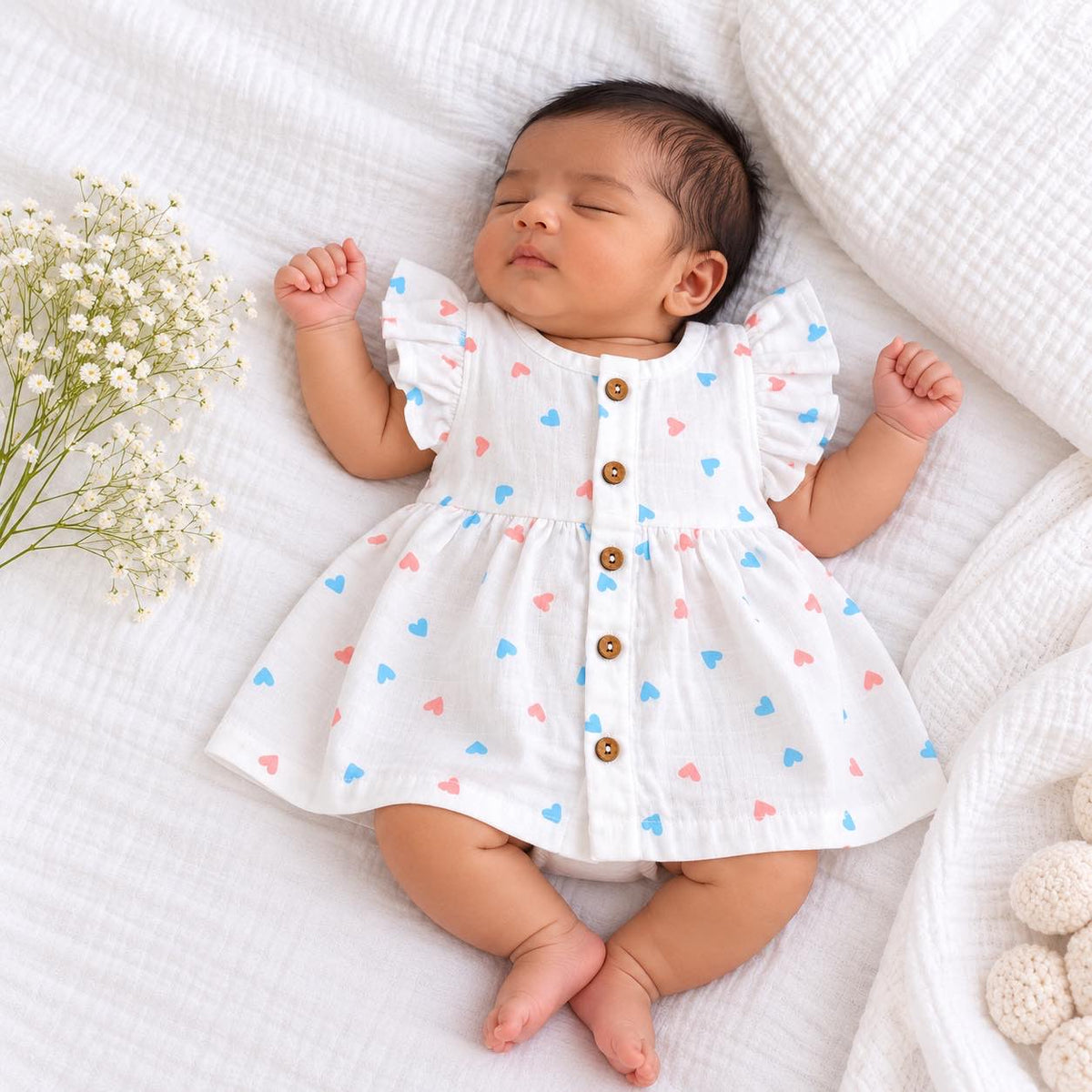 white muslin baby frock, heart print just born baby girl dress, pink and blue heart print frock, cotton muslin frill dress, newborn baby girl outfit, baby girl casual wear, wooden button frock, My Mini Buds baby clothing.