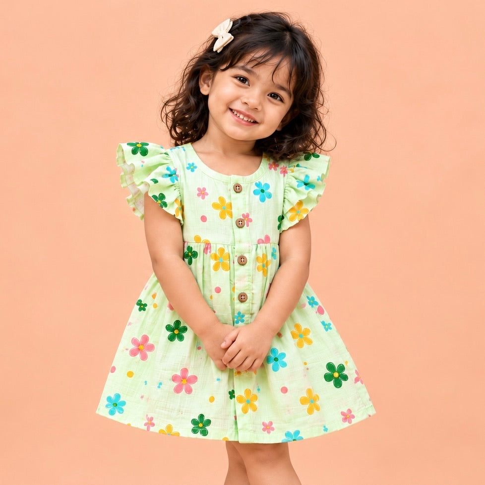 My Mini Buds light green muslin frill frock for baby girls with colourful floral print, flutter sleeves, gathered skirt and wooden button front, modelled by a toddler girl.