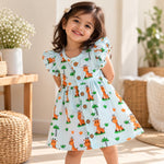 My Mini Buds light blue muslin frill frock for baby girls featuring cute giraffe and jungle print, flutter sleeves, gathered skirt and wooden buttons. Stylish and comfortable cotton muslin baby dress for toddlers, perfect for everyday wear and outings.
