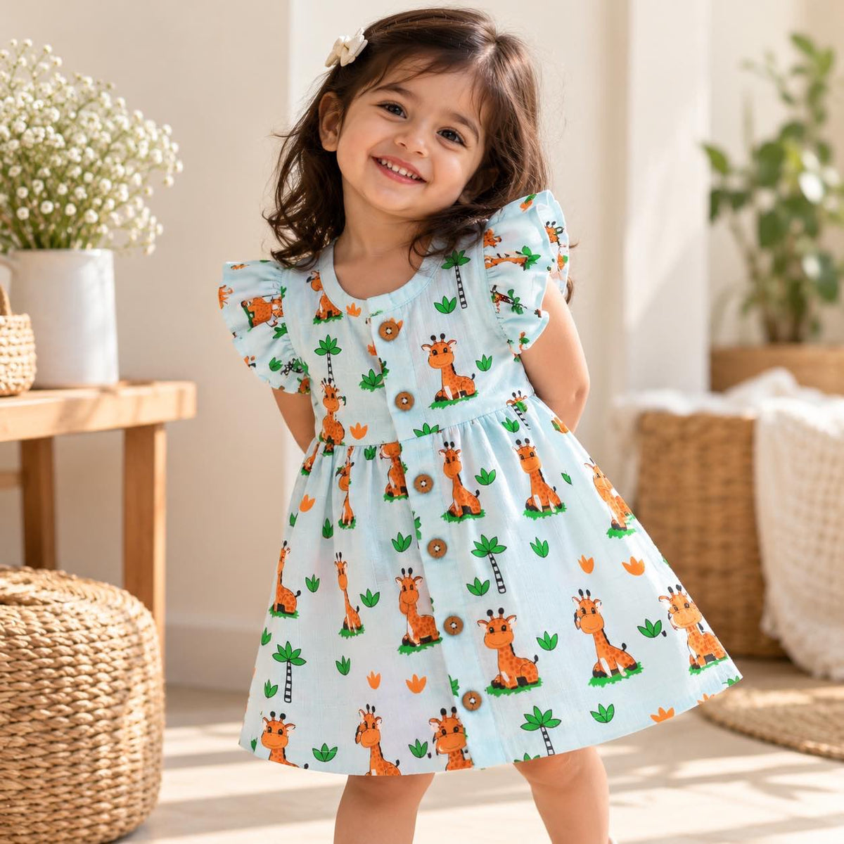My Mini Buds light blue muslin frill frock for baby girls featuring cute giraffe and jungle print, flutter sleeves, gathered skirt and wooden buttons. Stylish and comfortable cotton muslin baby dress for toddlers, perfect for everyday wear and outings.