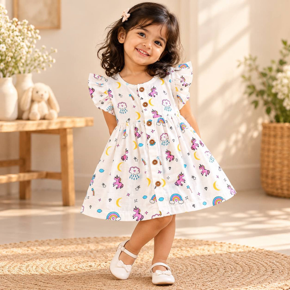 My Mini Buds white muslin frill frock for baby girls with colourful unicorn, rainbow, cloud and moon print, flutter sleeves and wooden buttons.