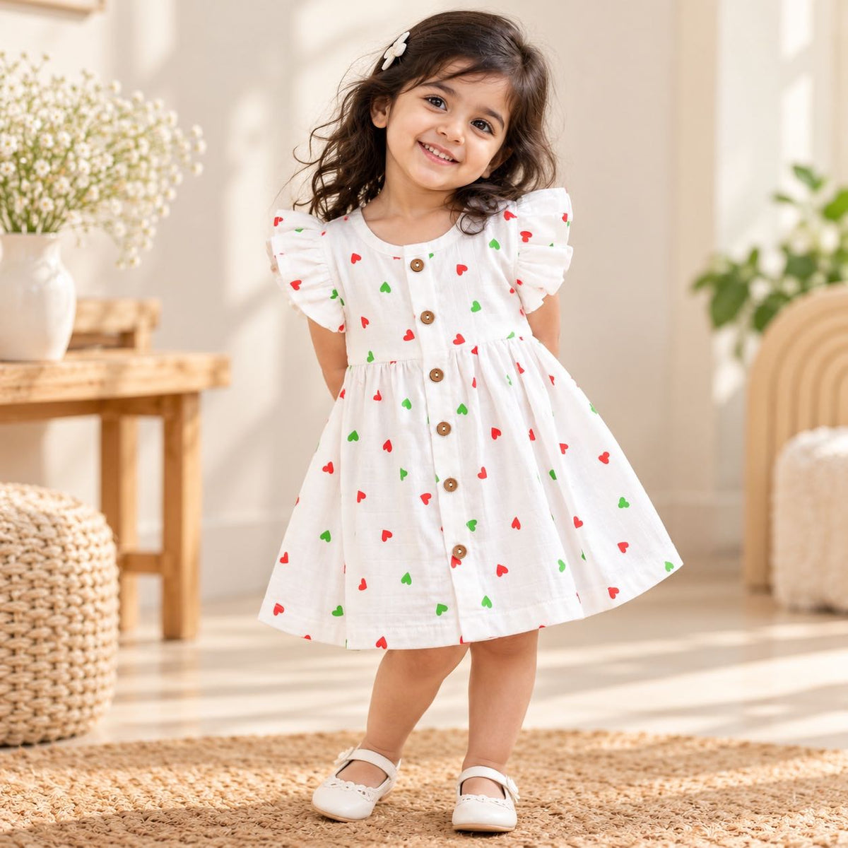 My Mini Buds white muslin baby girl frill frock with red and green heart print, layered ruffle sleeves and a button-down front.Toddler girl wearing 