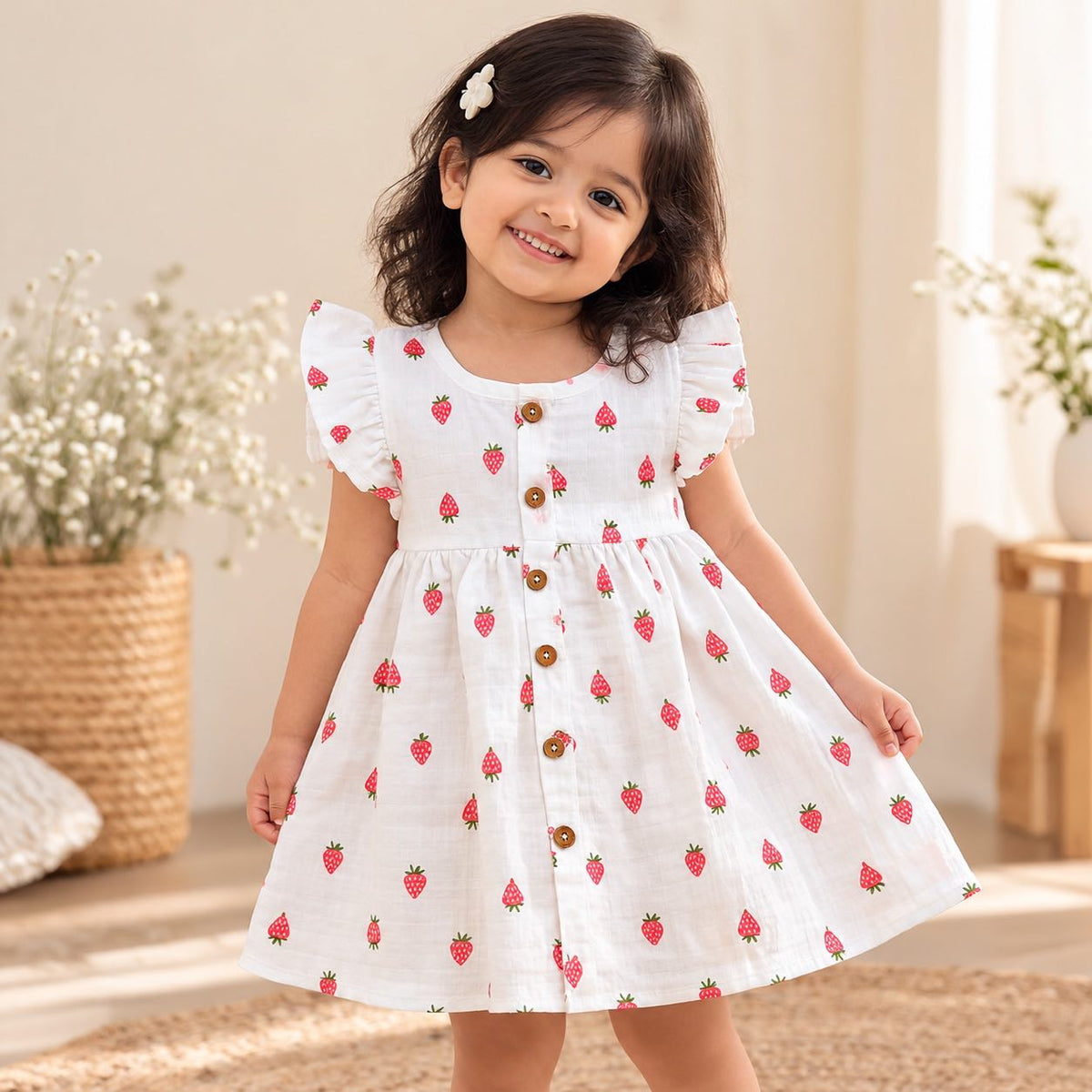 My Mini Buds strawberry print muslin frill frock worn by a toddler girl, featuring a white base, red strawberry pattern, flutter sleeves and wooden buttons.