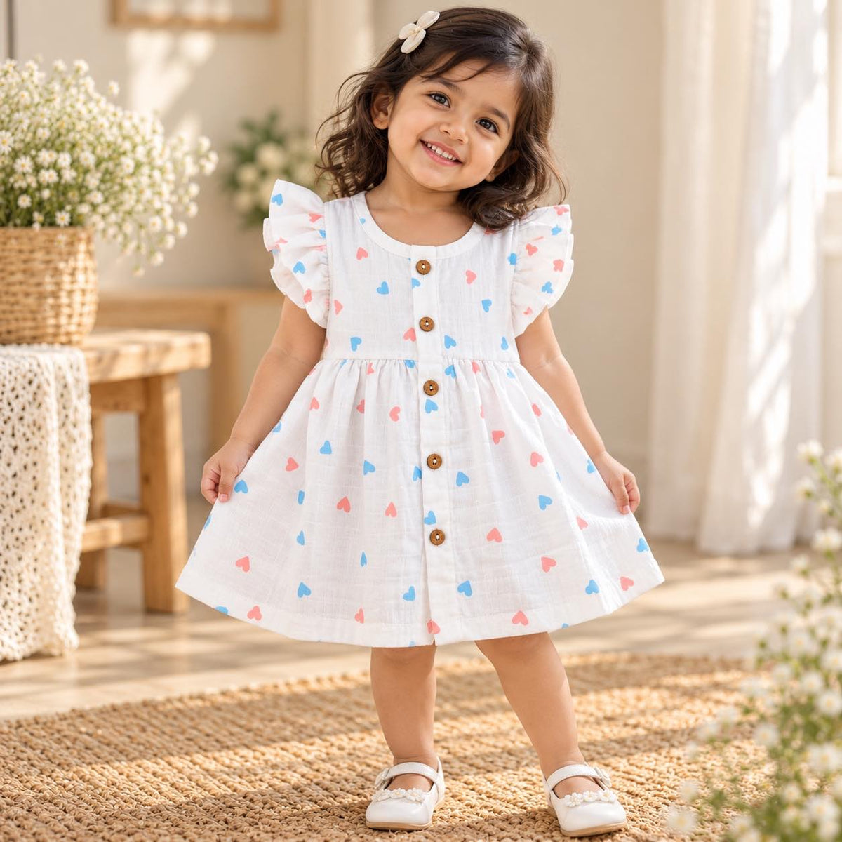 white muslin baby frock, heart print baby girl dress, pink and blue heart print frock, cotton muslin frill dress, newborn baby girl outfit, baby girl casual wear, wooden button frock, My Mini Buds baby clothing.