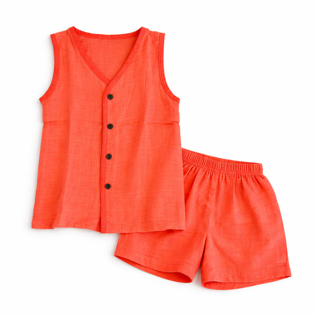 Crinkled sleeveless set-Muslin-Red