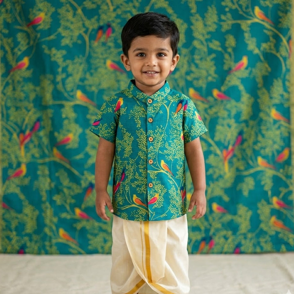 Kota Cotton Kids Ethnic Shirt –Emerald Vana -Festive Wear
