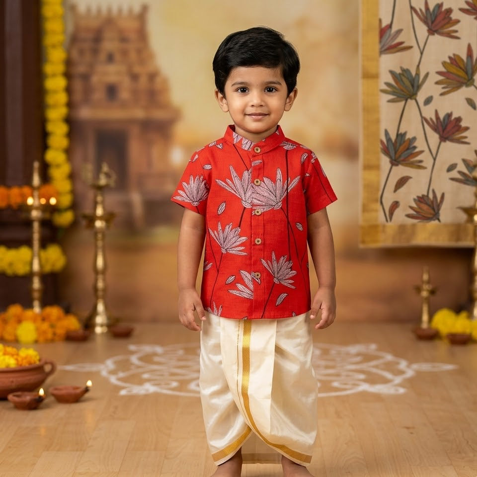 Kota Cotton Kids Ethnic Shirt –Royal Red-Festive Wear