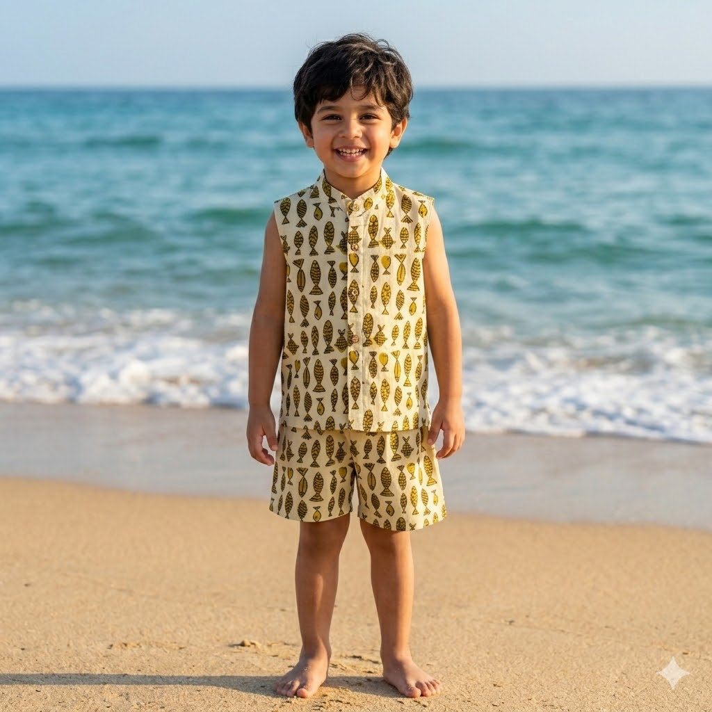 Sleeveless Co-ord Set-Green Fish-Jaipur Cotton