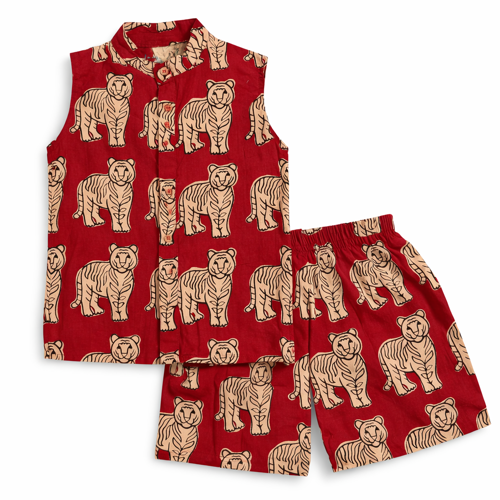 Sleeveless Co-ord Set-Red Tiger-Jaipur Cotton