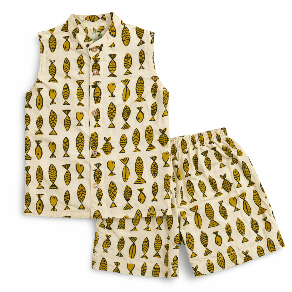 Sleeveless Co-ord Set-Green Fish-Jaipur Cotton