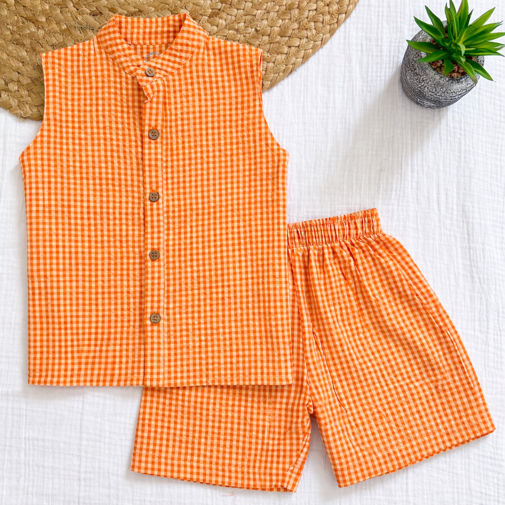Sleeveless Co-ord Set-Orange Check-Seersucker cotton