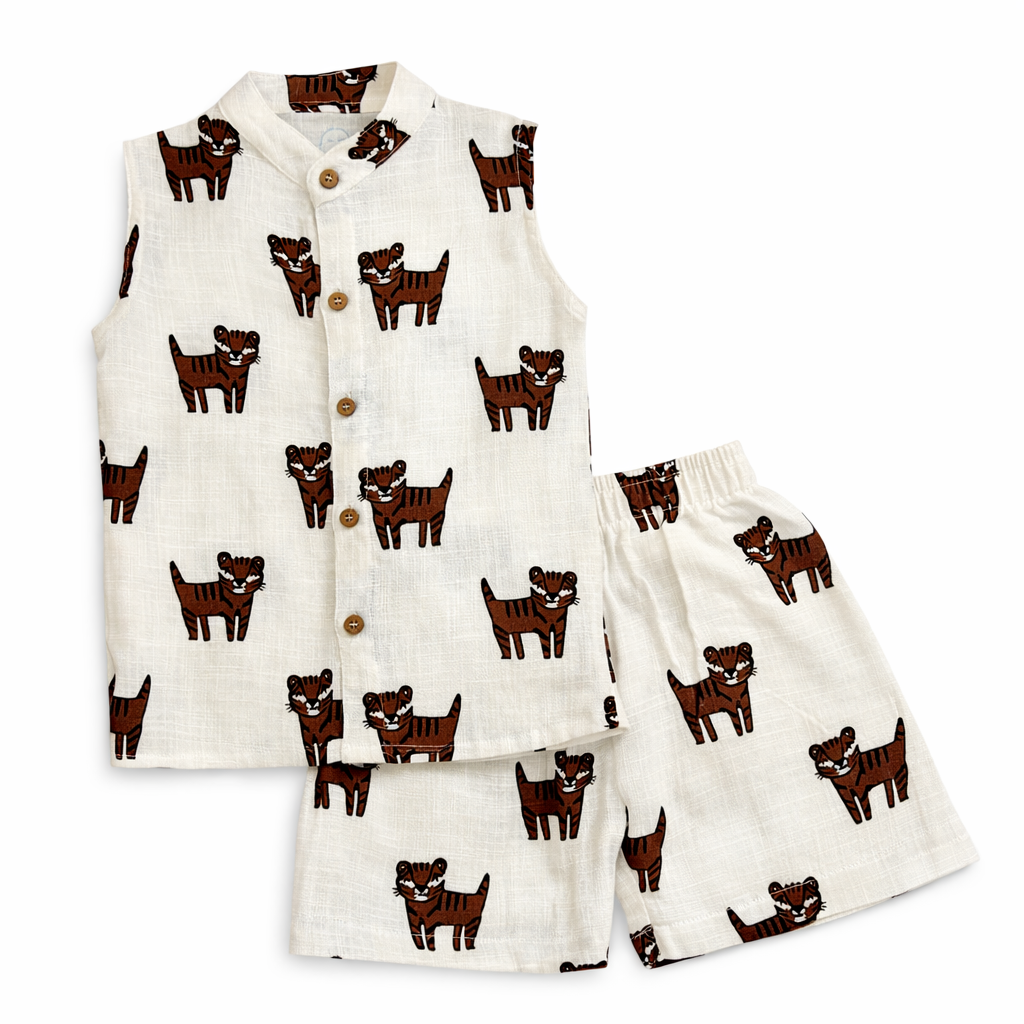 Sleeveless Co-ord Set-brown tiger-Linen Cotton