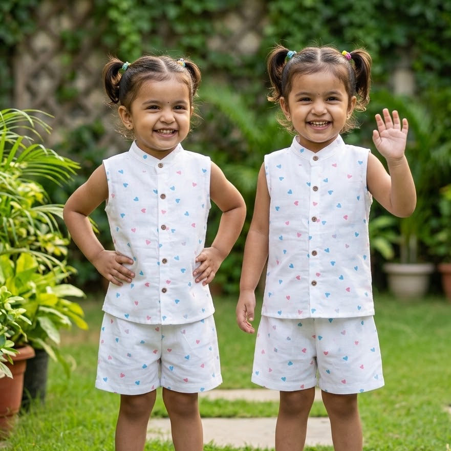 Sleeveless Co-ord Set-Colour Heart-Muslin