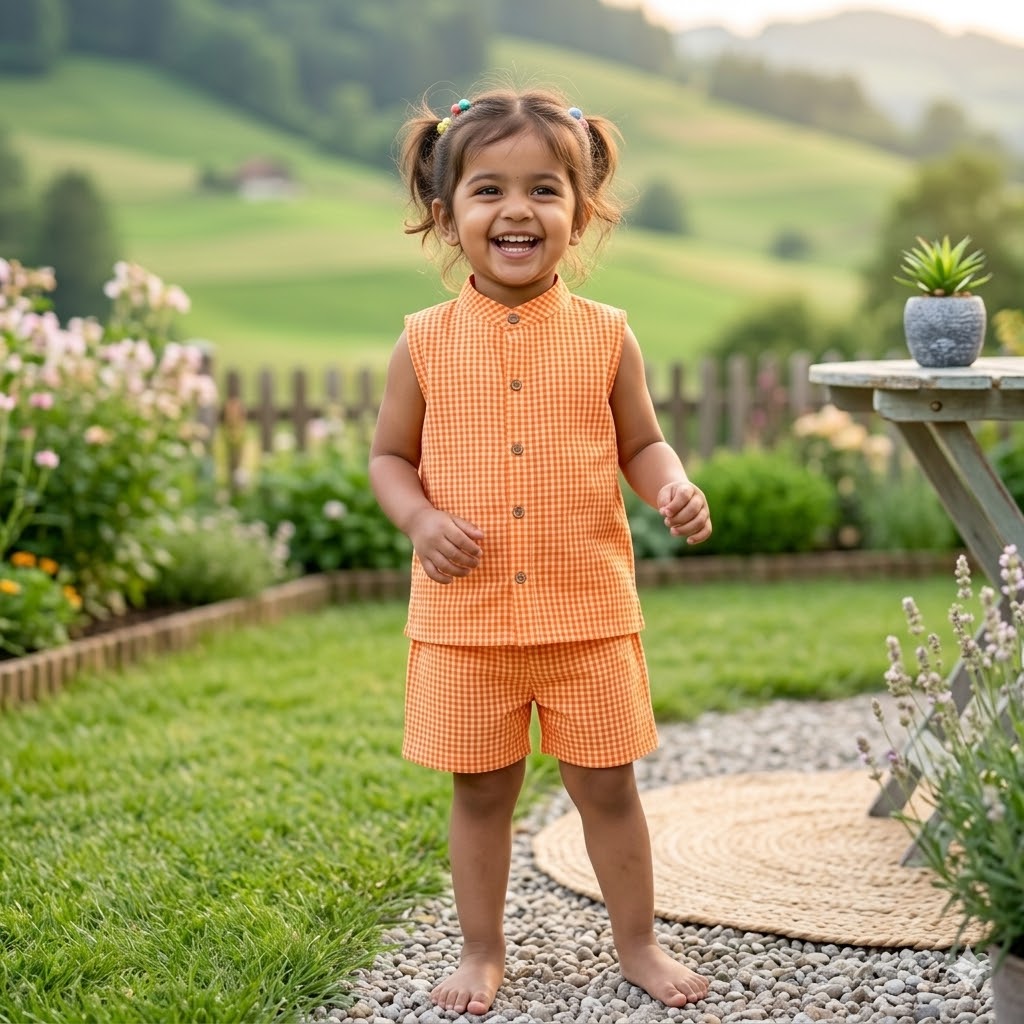 Sleeveless Co-ord Set-Orange Check-Seersucker cotton