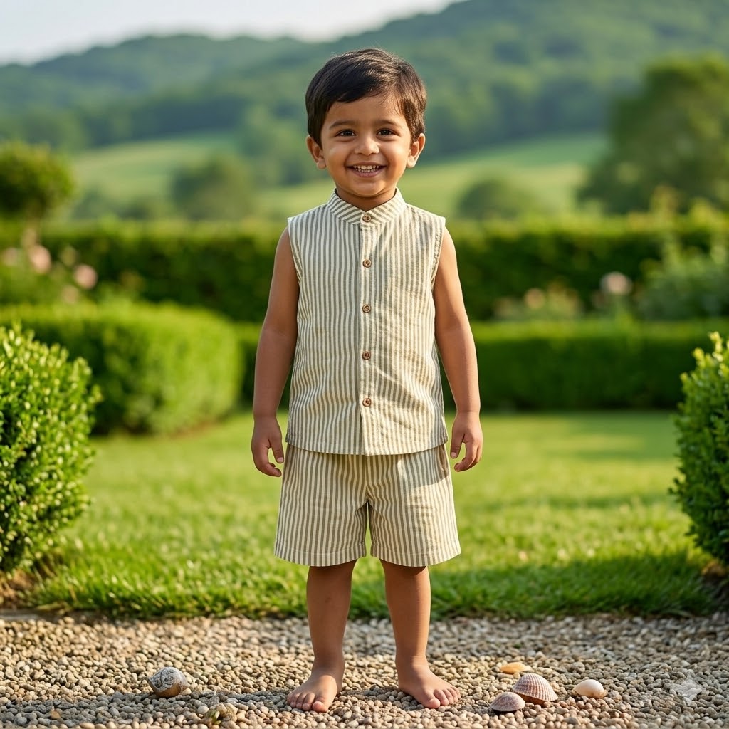 Sleeveless Co-ord Set-Olive Stripe-Seersucker cotton