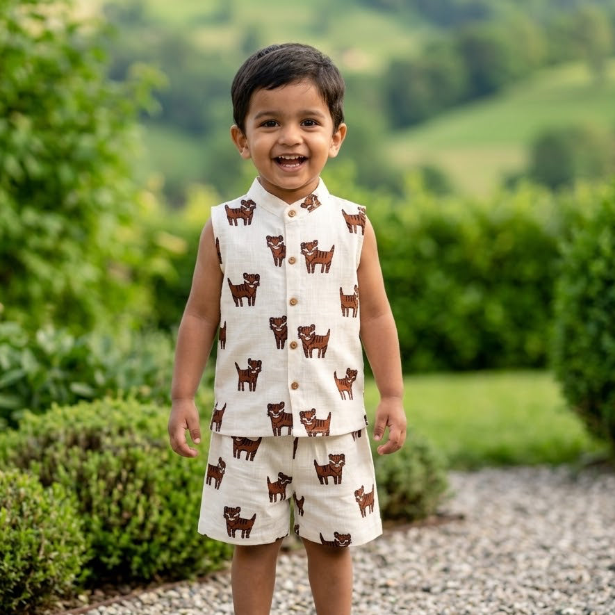 Sleeveless Co-ord Set-brown tiger-Linen Cotton