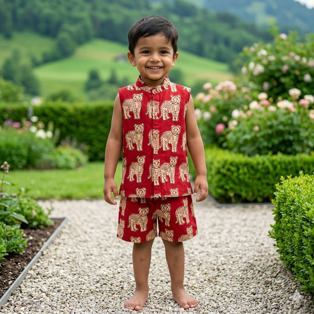 Sleeveless Co-ord Set-Red Tiger-Jaipur Cotton