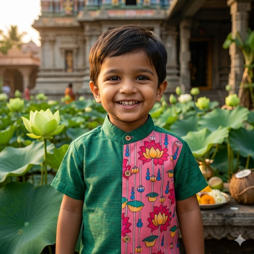Kids Ethnic Shirt - Green&Pink Lotus