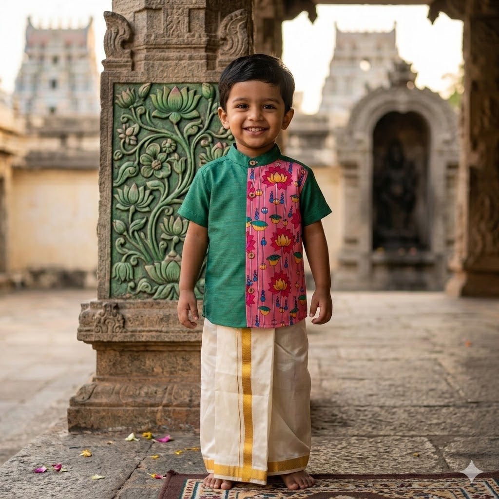 Kids Ethnic Shirt - Green&Pink Lotus